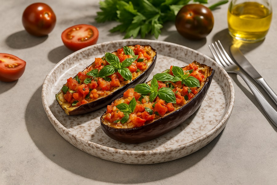 Mediterranean Stuffed Eggplant with Fresh Tomato & Basil