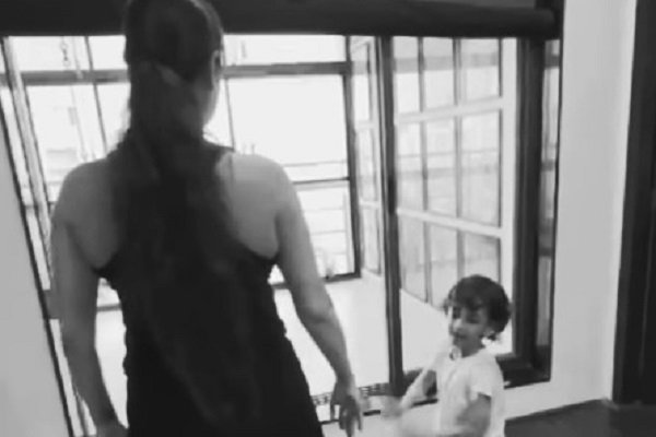 Dia Mirza enjoys a fun session at the gym with her little companion
