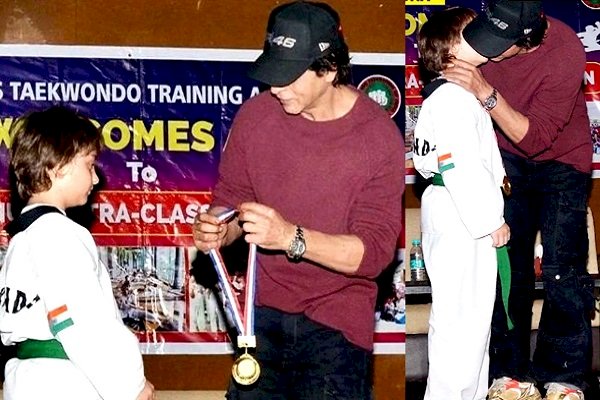 SRK kisses AbRam, honours him with gold medal for winning Taekwondo tournament