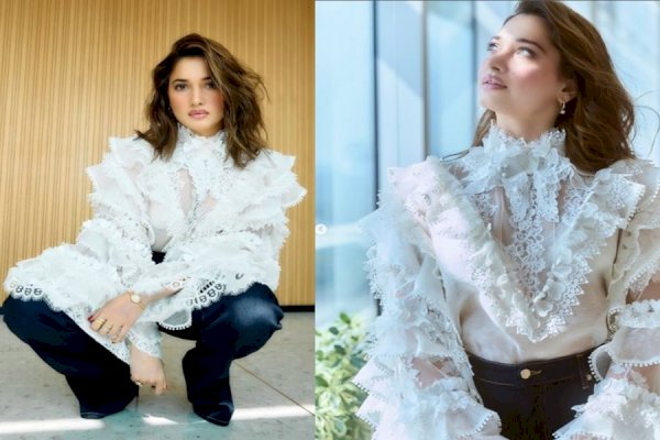 Tamannaah Bhatia goes classic as she stuns in white and blue