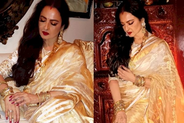 Rekha exudes grace in hand woven gold tissue stripe saree