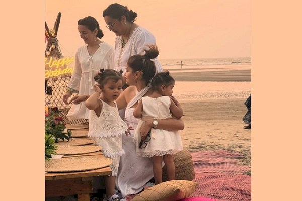 Rubina Dilaik drops a glimpse of twins Edhaa & Jeeva's 2nd birthday celebration by the beach