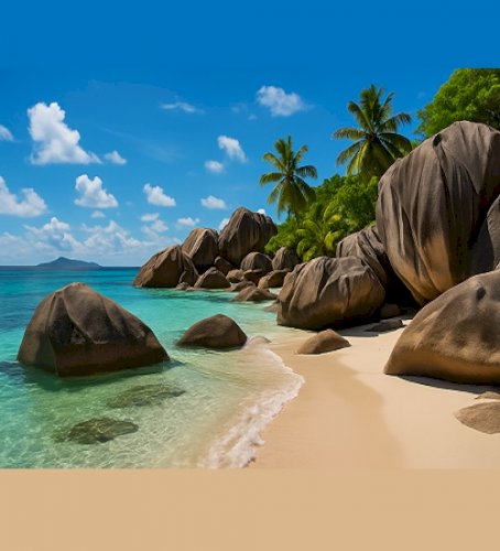 Tropical Beach with Boulders and Palms: A Slice of Paradise