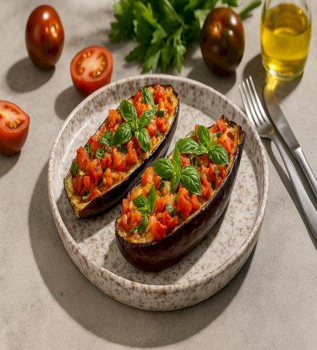 Mediterranean Stuffed Eggplant with Fresh Tomato & Basil