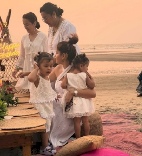Rubina Dilaik drops a glimpse of twins Edhaa & Jeeva's 2nd birthday celebration by the beach