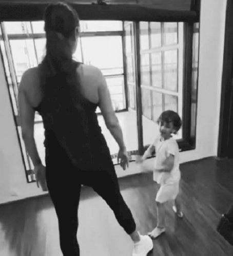 Dia Mirza enjoys a fun session at the gym with her little companion